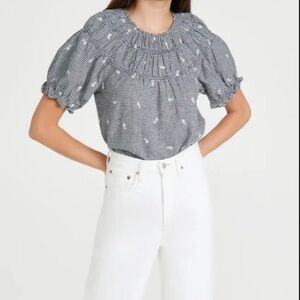 Madewell Embroidered Gingham Shirred Puff-Sleeve Top‎